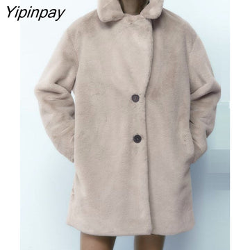 Yipinpay 2023 Women Faux Fur Thicken Coat Autumn Winter Vintage Warm Long Sleeve Pockets Female Single Breasted Outerwear Chic Tops